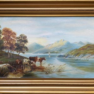 Early 20thc Mountainous Scottish Highland Cattle Loch Landscape Oil Painting