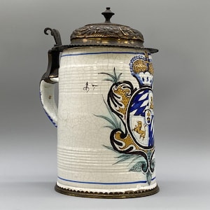 c. 1759 Rare GIANT-SIZE German Heraldic Faience Pewter Beer Stein Tankard Delft