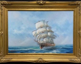 Striking Original 20thc Vintage Maritime Galleon Ship Seascape Oil Painting
