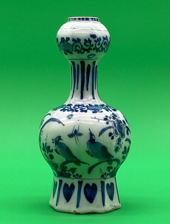 デルフト オランダ　壺　花瓶　美品 18 世紀初頭のオランダ デルフト ダブル ひょうたん 六角形 青と白の