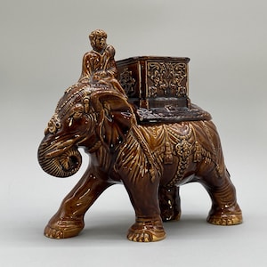 c. 1895 Original Antique Austrian Ceramic Glazed Tobacco Jar Elephant and Mahout