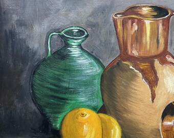 Large Mid-century European Lemon & Jugs Still Life Study Oil