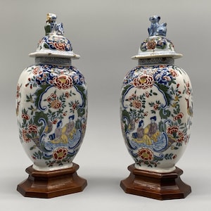 A Superb Pair Of 18th-Century Dutch Delft Faience Polychrome Chinoiserie Vases