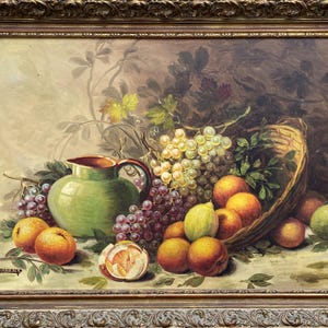 Large Vintage Original Italian Still Life of Fruit and Pitcher Oil Painting