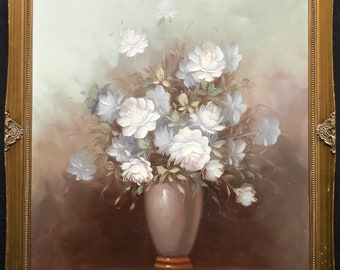 Robert Cox (1934-2001) Vintage Still Life Of White Roses Floral Oil Painting