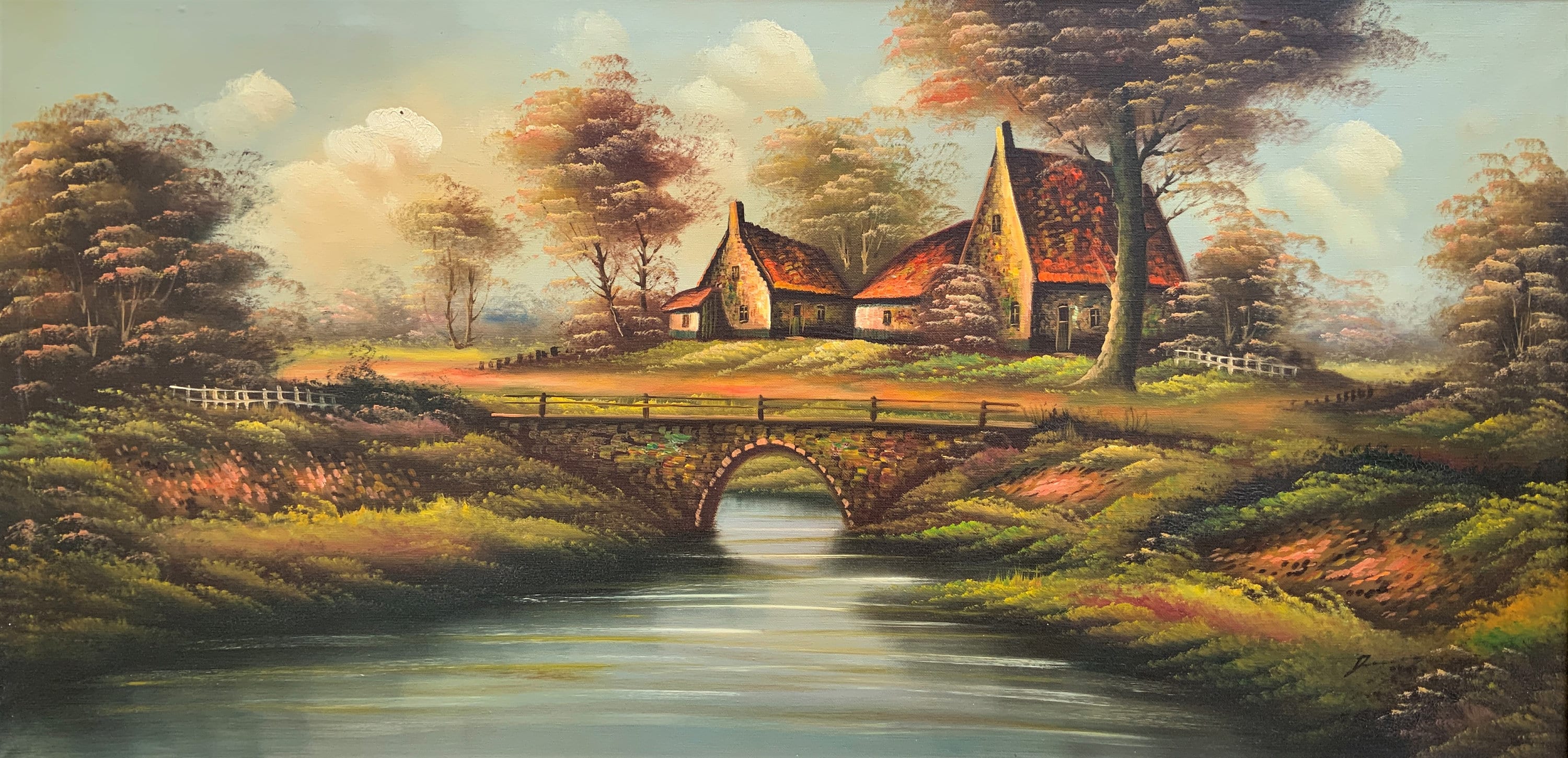 20世紀中期のヴィンテージアンティークの秋の風景画（大型）油絵