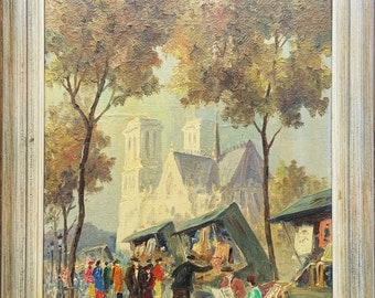 A Superb early 1930s French Impressionist Cityscape Antique Market Oil Painting