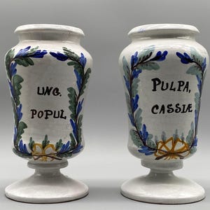 c. 1850 Large Pair Italian Delft Faience Apothecary Pharmacy Albarello Medicine Jars