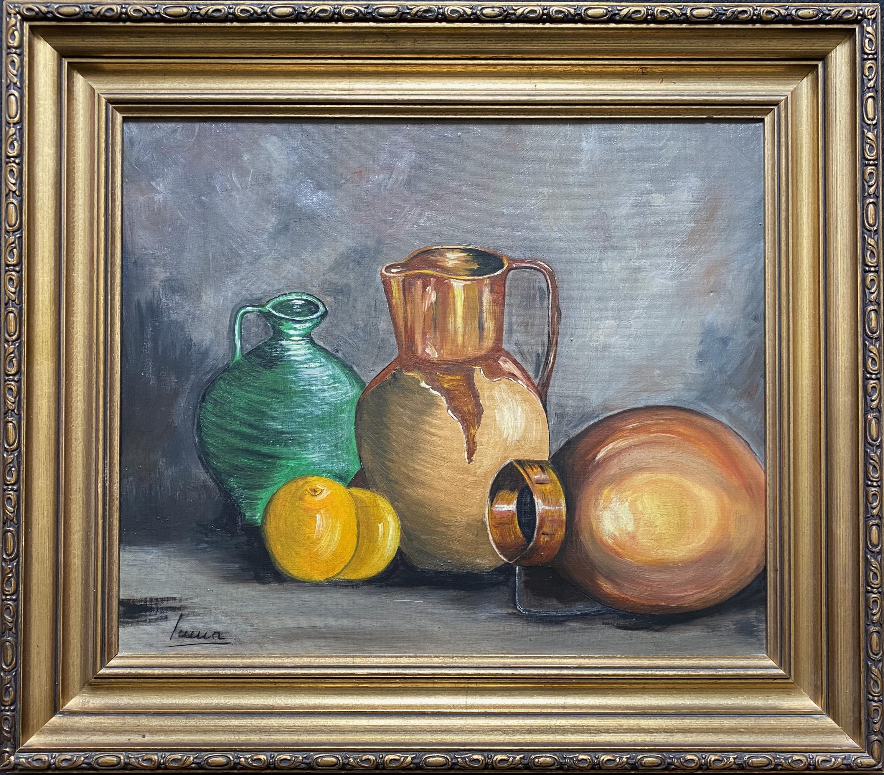 Large Mid-century European Lemon & Jugs Still Life Study Oil