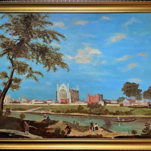 Eton College - River Thames - Large 20thc Landscape Oil Painting After Canaletto