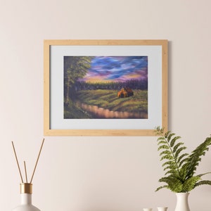 Abend bei Sonnenuntergang Poster | Original Ölgemälde Fotodruck | Bob Ross-Stil