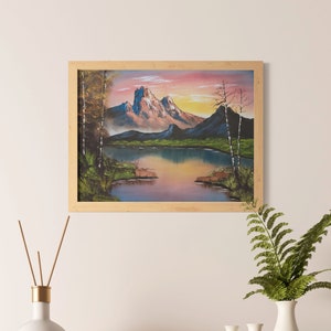 Berg bei Sonnenuntergang Poster | Original Ölgemälde Fotodruck | Bob Ross-Stil