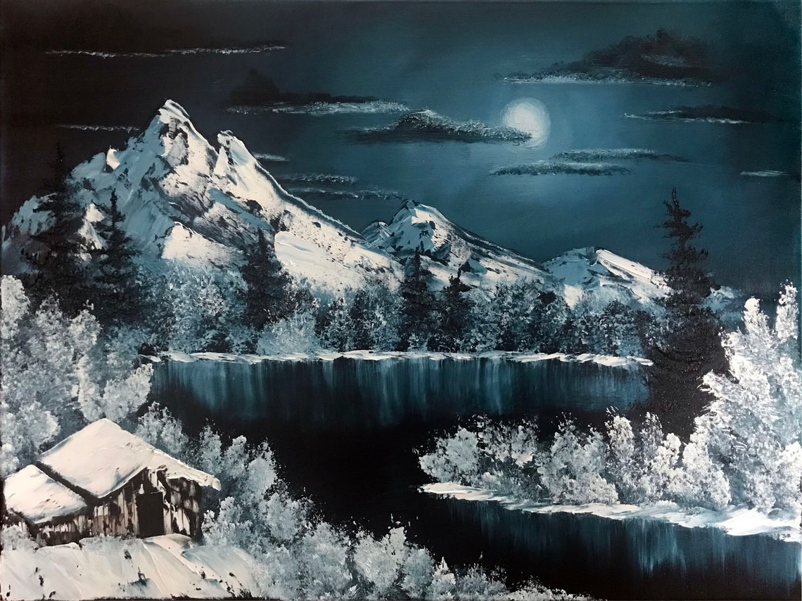 Original Oil Painting Photo Print Winter Moon Bob Ross Etsy