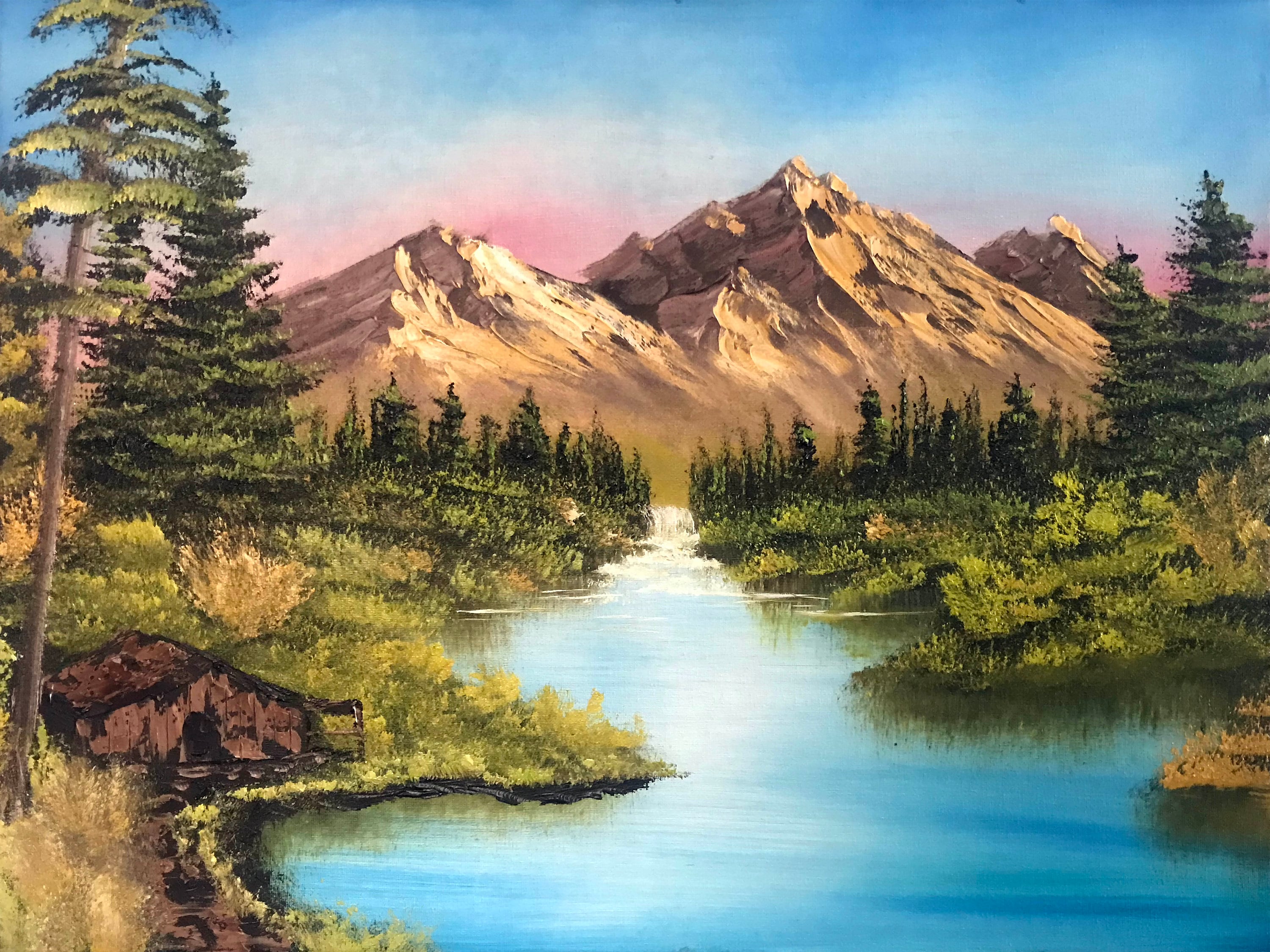 Mountain Retreat: Bob Ross Inspired Oil Painting 18x24