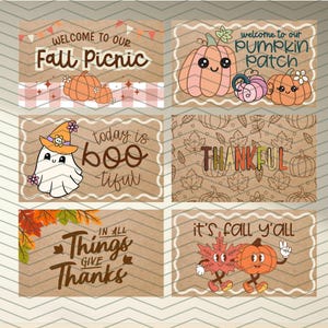 May include: Six autumnal cards with different designs and text. The cards feature pumpkins, leaves, and phrases such as "Welcome to our Fall Picnic," "Pumpkin Patch," and "Thankful." The colour scheme includes orange, brown, and white.
