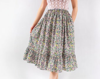 Floral Print Midi Skirt | Cotton Elastic Midi Skirt | Floral Ruffle Midi Skirt | Botanical Skirt | Statement Patterned Skirt | Printed Skirt