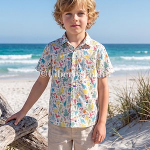 Camisa de manga corta Liberty London, camisa de niño hecha a mano, blusa abotonada, algodón con estampado botánico animal, ropa personalizada.