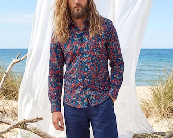 Liberty London Long-sleeved Button-up Shirt, Personalised Menswear, Tailoring Chemise, Sustainable Cotton Clothing, Botanical Design