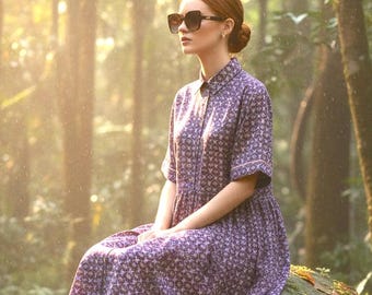 Liberty Print Gallery Midi-skjortklänning: Kimono med halva ärmar, elegant blommig klänning, knäppning