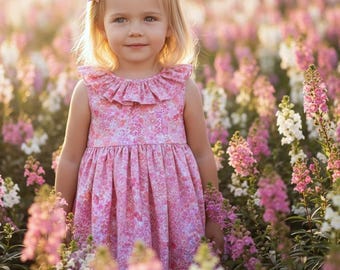 Vestido de verano sin mangas Liberty para niña: cuello pierrot con volantes, estampado floral, Margaret Annie