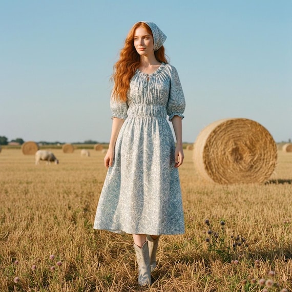 boho milkmaid dress Milkmaid Liberty London Midi Dress Half Sleeves: Botanical Floral Print,  Cottage Core Dress