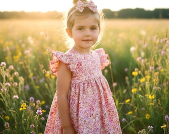 Vestido de verano sin mangas para niña de las flores de Liberty London: hombros descubiertos con volantes y estampado floral.