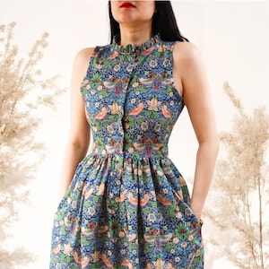 William Morris Print Cotton Dress: Sleeveless Ruffle Collar, Size US 4