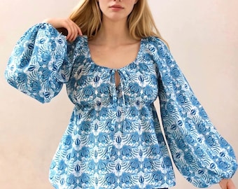 Boho Liberty Blouse, Puffy Long Sleeve Blouse, Floral Print Blouse, Liberty Print Top, Peplum Blouse, Liberty Woman Clothing, Liberty London