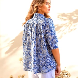 Mandarin Collar Blouse, Liberty Print Blouse, Liberty of London, Floral Print Shirt, Button Through Blouse, Half sleeve Shirt, Gather Blouse