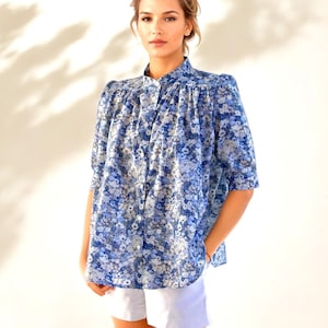 Mandarin Collar Blouse, Liberty Print Blouse, Liberty of London, Floral Print Shirt, Button Through Blouse, Half sleeve Shirt, Gather Blouse