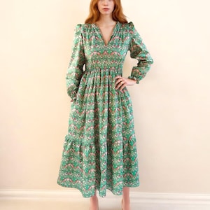 V Neck Dress, Liberty London Dress, Maxi Long Sleeve Dress, Floral Print Dress, Liberty Print Fabric, Liberty Clothing, Liberty Smock Dress