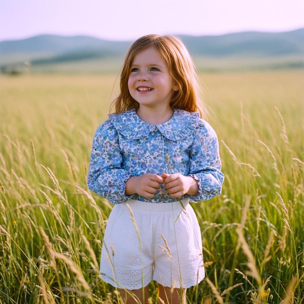 Long Sleeves Liberty Ditsy Floral Girl Top: Peter Pan Ruffle Collar, Button Through Blouse