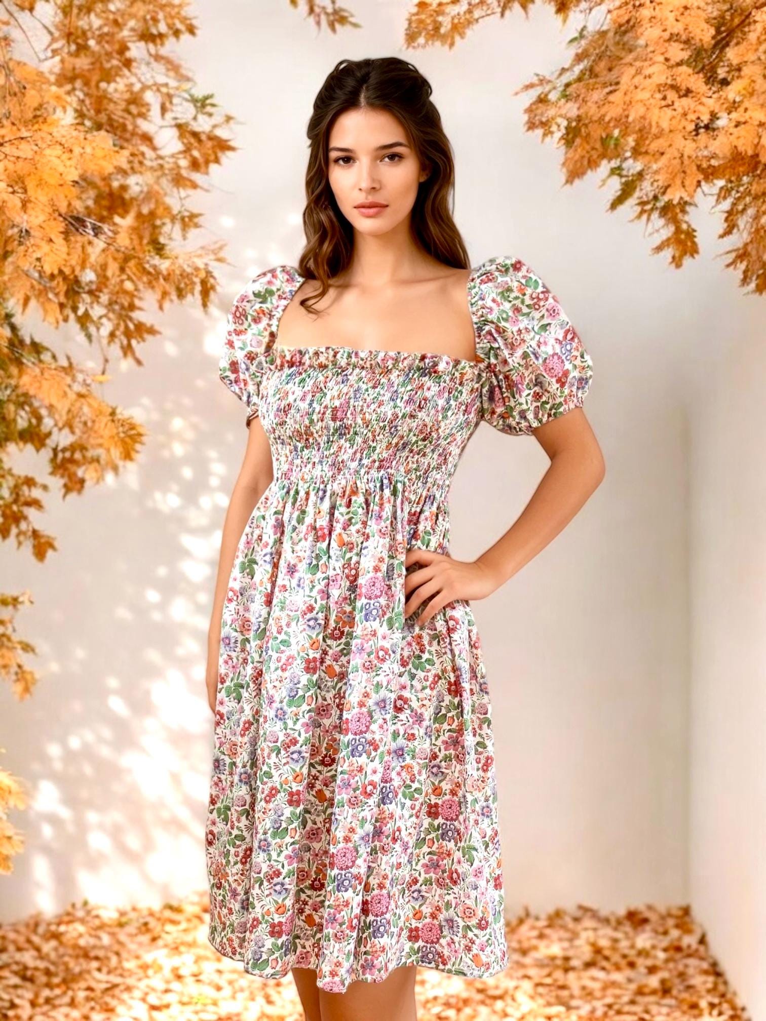 LIBERTY Smock Kleid, Liberty Print Kleid, Puffärmel Kleid, Gesmoktes Baumwollkleid, Milchmädchen Floral Kleid, Blumendruck Kleid, Midi Kleid