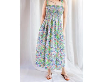 Liberty London Floral Dress | Cotton Silky Flower Summer Dress | Floral Long Sun Dress | Smock Maxi Dress | Ditsy Floral Maxi Dress