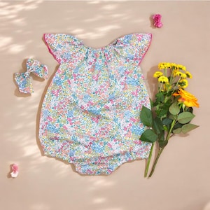 Liberty London Baby Bubble Romper: English Cotton Flutter Sleeve