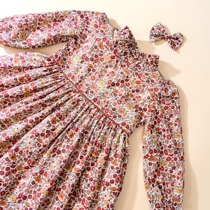 Liberty London Poppy Forest Rust Long Sleeve Girl Dress With Ruffle Collar