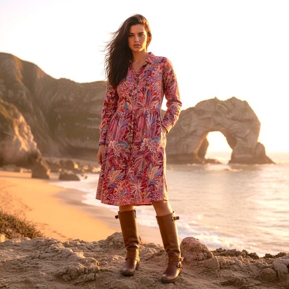 liberty print shirt dress Long Sleeve Liberty Print Shirt Dress: Botanical Floral Print