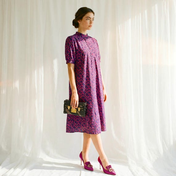 sustainable midi dress for women Liberty London Shifted Midi Dress, Handmade Botanical Ethical-wear Clothing, Sustainable Sophisticated Minimalist Slow-fashioned Womenswear