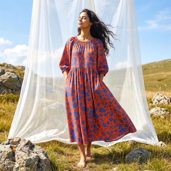 boho dress eu Liberty London Three-quarter Bishop Sleeves Dress, Handmade Personalised Botanical Clothing, Sustainable Cotton Womenswear engsee11618