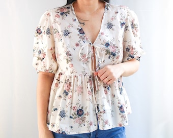 Liberty London Floral Blouse | Womens Tie Blouse | Floral Peplum Blouse | Half Sleeve Blouse | Flower Print Cotton Blouse | Botanical Blouse