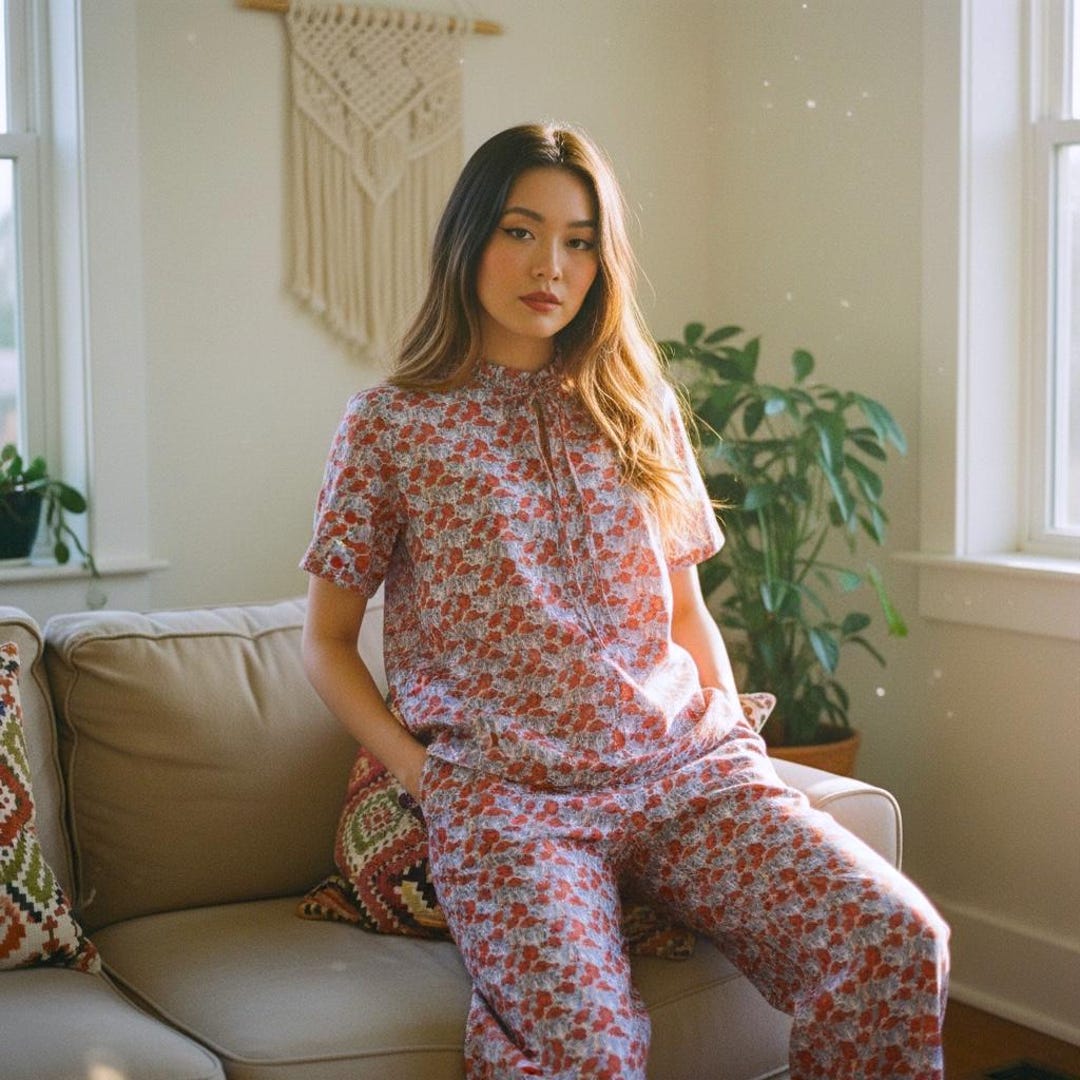 Liberty London Floral Cotton Pajama Set, Handmade Ruffle Collar ...