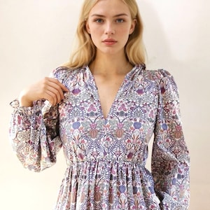 Liberty London Floral Print Midi Dress: V-Neck Long Sleeve Cotton