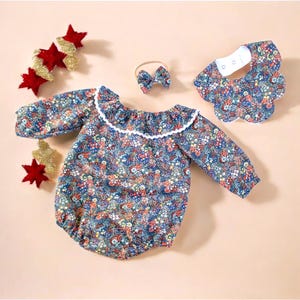 Liberty London Christmas Baby Outfit Set: Cotton Romper & Bib