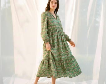 Liberty London V-neck Smock Puffed Long-Sleeved Midi Dress, Handmade Sustainable Womenswear, Botanical Tailoring Ethical-wear