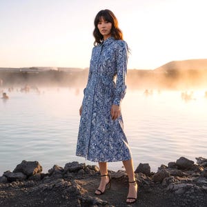 knee length dresses for ladies Caftan Dress Cafe Length in Liberty Navy Floral – shop main image 1