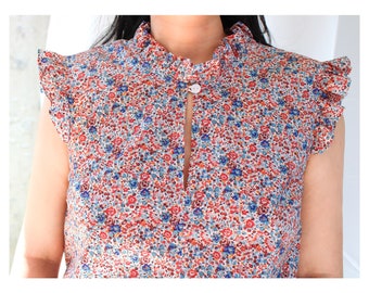 Liberty London Floral Blouse | Womens Ruffle Collar Blouse | Ruffle Top | Sleeveless Blouse | Flower Print Cotton Blouse | Botanical Blouse