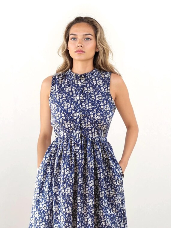 Liberty London Ditsy Floral Midi Dress, Victorian Ruffle Collar, Sleeveless Cotton Tana Lawn Clothing