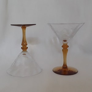 PAIR Vintage Tiffin Elegant Depression Glass &quot;Julia&quot; Cocktail Champagne Glasses ~ 4-1/2&quot; Tall, Clear w/Amber Stem & Footing, Autumn PERFECT!