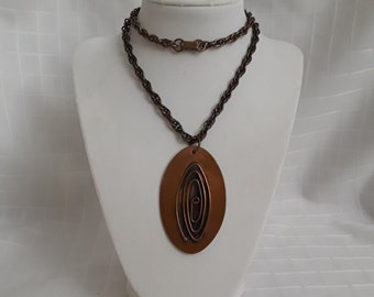 Vintage Mid-Century Handmade Copper Pendant Necklace on Solid Copper Rope Chain ~ Unmarked