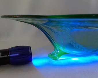 Vintage Fostoria Green Glass 12" Console Bowl, Cut Floral Design, #2394 ~ UV Fluorescent Elegance ;)